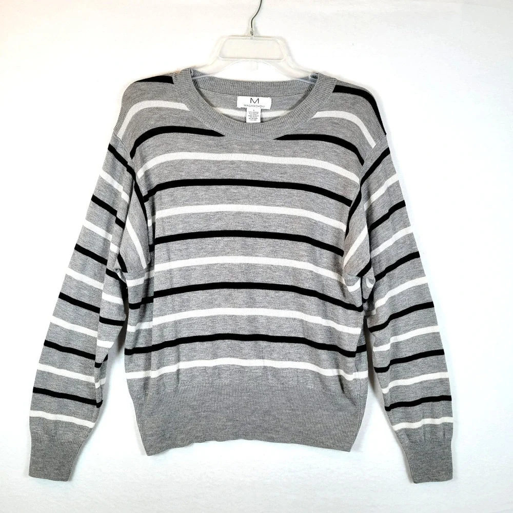Magaschoni Womens Striped Knit Relaxed Sweater Top Size Large Gray Y2K Retro